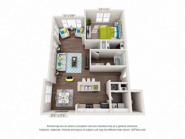 Floor plan for 1 bed, 1 bath, 857 sqft